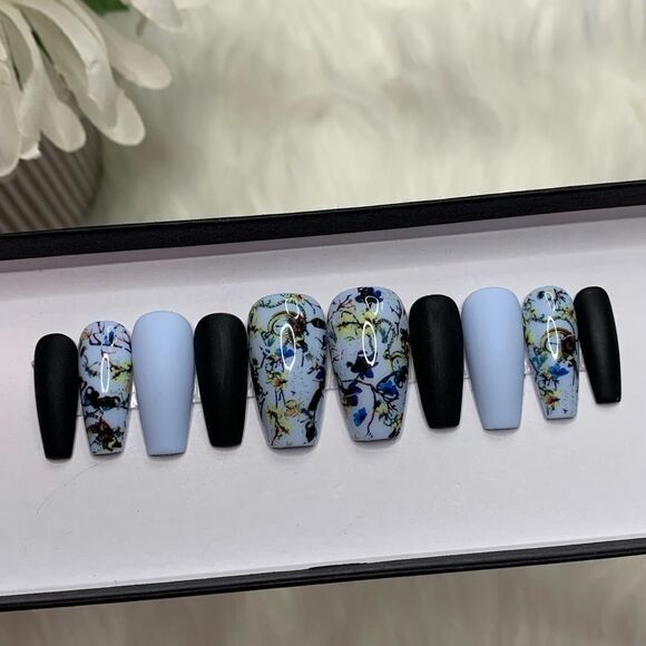 Other - Matte Blue Floral Press On Nails | Handmade Press On Nails | Fake Nails